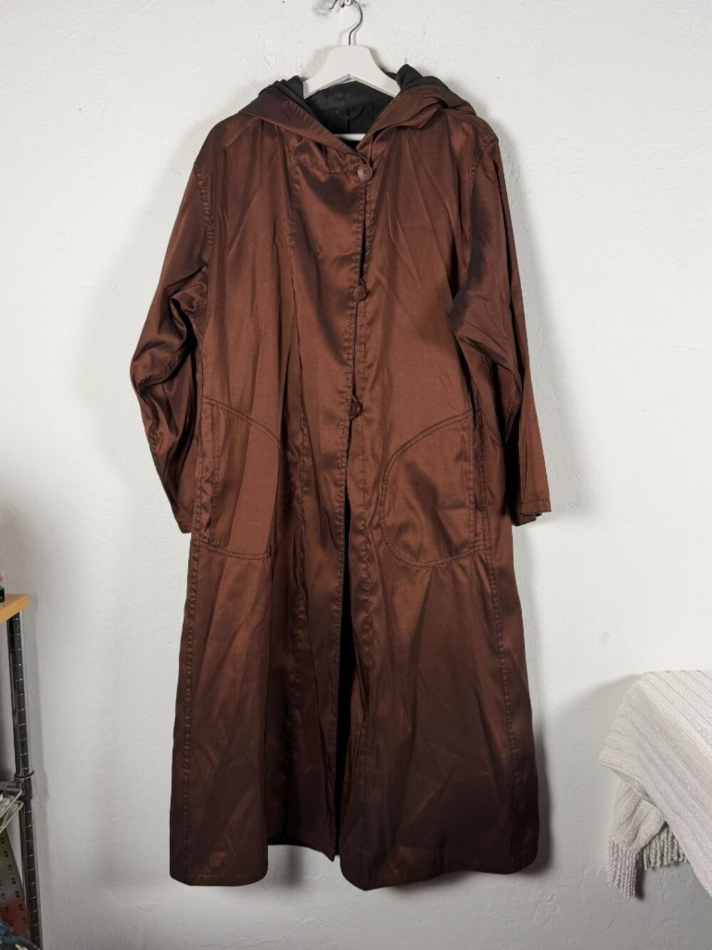 Nordstrom Reversible Hooded Raincoat Black Bronze Long Trench Womens Medium
